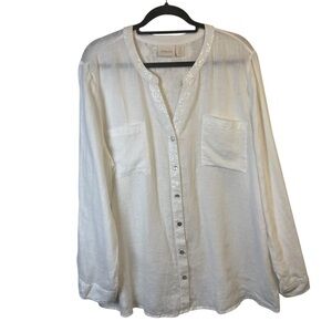 Chico’s White 100% Linen Sequin Lace Long Roll Tab Sleeve Button Front Blouse